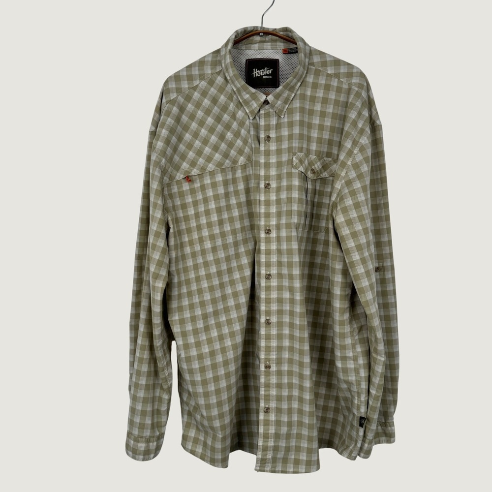 Howler Bros Mens XXL Matagorda Shirt Vented Plaid Olive Green Long Sleeve